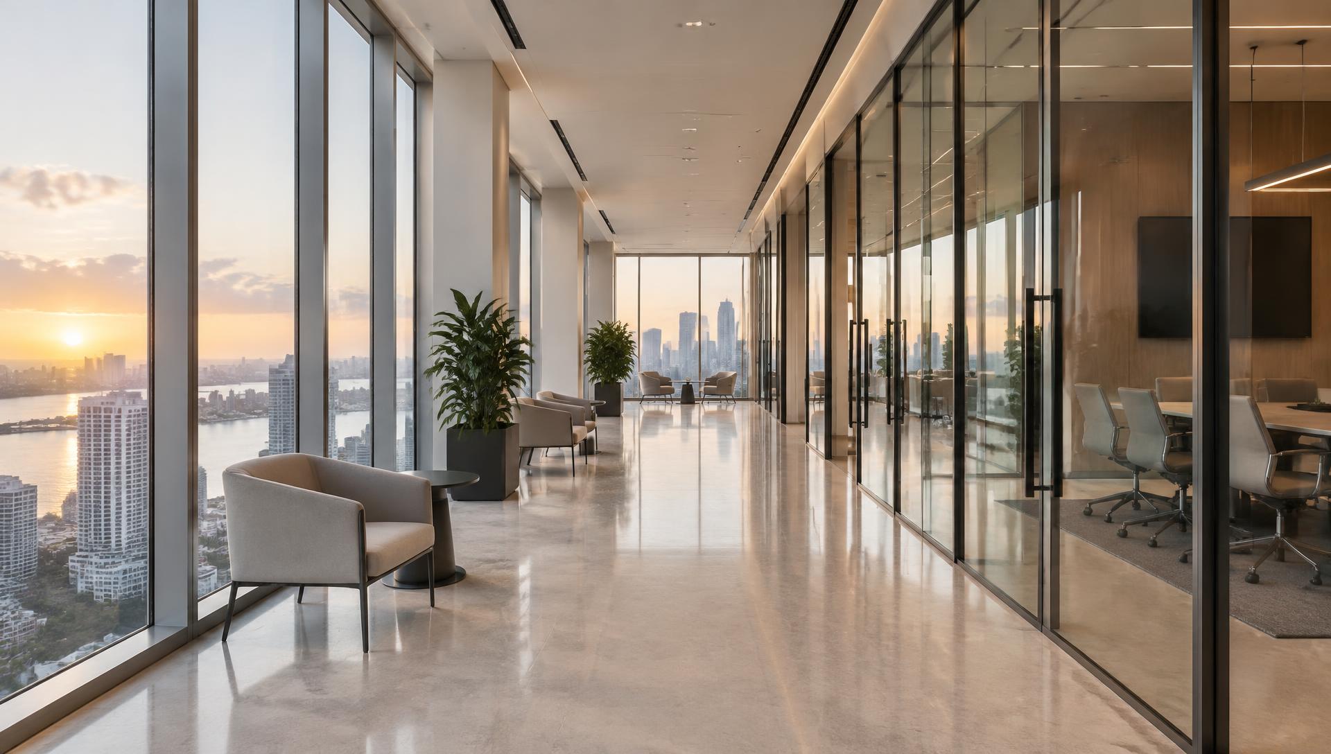 Illustrative empty commercial office at dawn